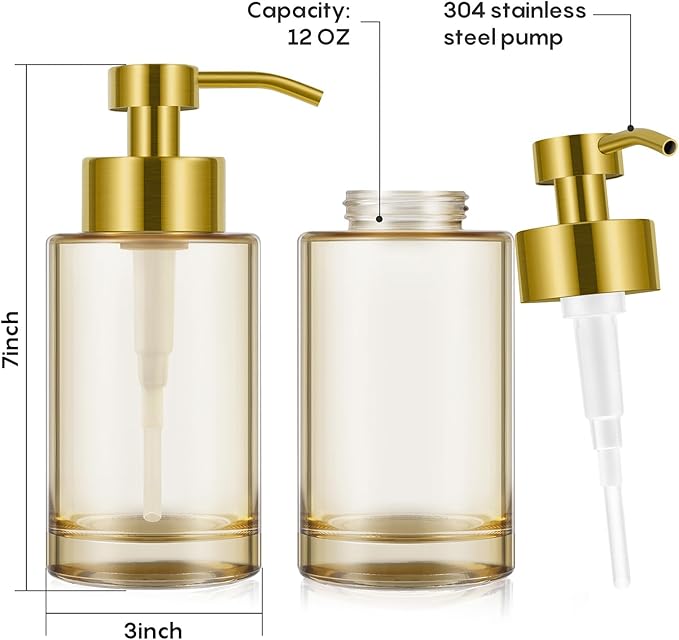 Glass Soap Dispenser with Stainless Steel Pump,12oz Gold Hand Liquid Soap Dispenser,Thick Glass Soap Dispenser for Bathroom,Kitchen