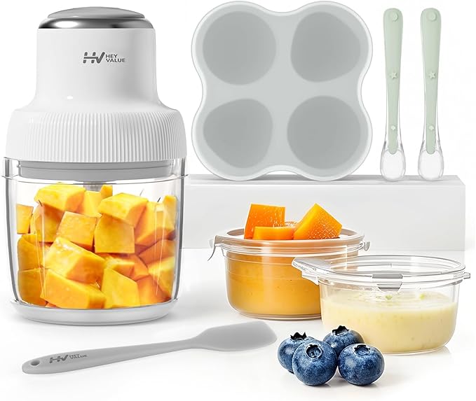 Baby Food Maker, HEYVALUE 13-in-1 Larger Baby Food Processor Set, Fruit, Vegatable, Meat, Puree Blender with Baby Food Freezer Tray, Silicone Spoons, Spatula,20 OZ(Gray)