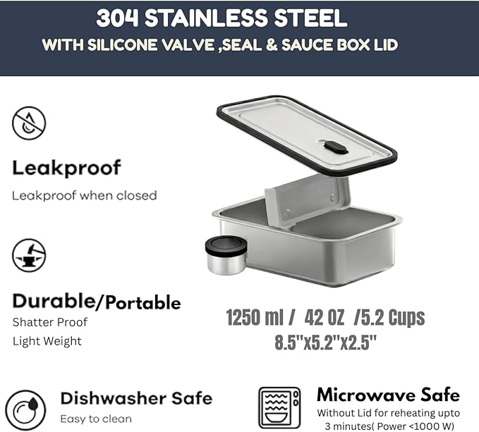 Modaniam Stainless Steel Bento Box Adult, 42 OZ, Stainless Steel Lunch Box Containers, Metal Lunch Box, Leak proof Lunch Containers,Black