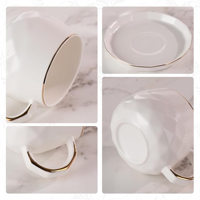 KAMMAK Tea Cups and Saucers Set of 2, 7.1oz Porcelain Coffee Cups with Saucers, Ceramic Espresso Mugs for Coffee, Latte, Americano, Tea, Elegant Teacup and Saucer (YFH5)