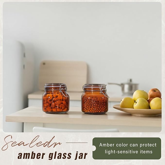 Norme 6 Pack 25oz Amber Airtight Glass Jars with Lids, Square Food Storage Container Airtight Food Wire Clip Fastening for Sauerkraut Flour Kitchen Sugar Cereal Kitchen Canning Pickling Mason Jars