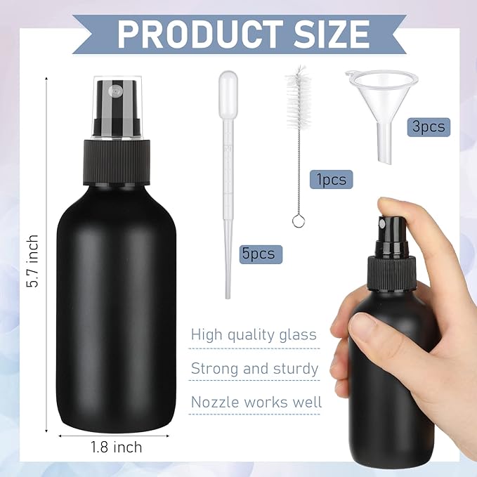 Yungyan 100 Pcs 4 oz Mini Glass Spray Bottles Empty Small Essential Oil Bottles Fine Mist with 3 Funnel 5 Dropper Cleaning Brush for Hair Travel Plants Perfumes(Black)