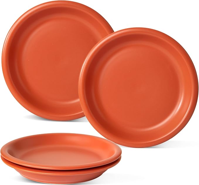 Timeworn Clay Salad Plates, Terracotta Red, 8-Inch, Set of 4 | Hand-Finished, Stoneware, Dessert and Appetizer Plate, Microwave and Dishwasher Safe