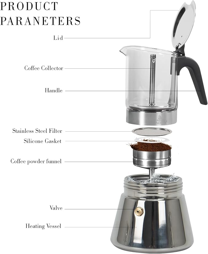 LAOION Stovetop Espresso Maker, 3Cup 160ml Moka Pot, Crystal Glass-top & Stainless Steel Coffee Maker Mocha Pot, Greca De Cafe, Cuban and Italian Coffee Maker for Cafetera Cubana