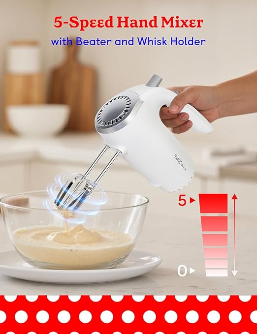 Betty Crocker 2-Piece Kitchen Appliances Combo: 5-Speed Hand Mixer with Food & Vegetable Chopper, 150W Mixer, Chrome Beater & Whisk Attachments, 100W Food Processor with Plastic Bowl, BC-7222W, White