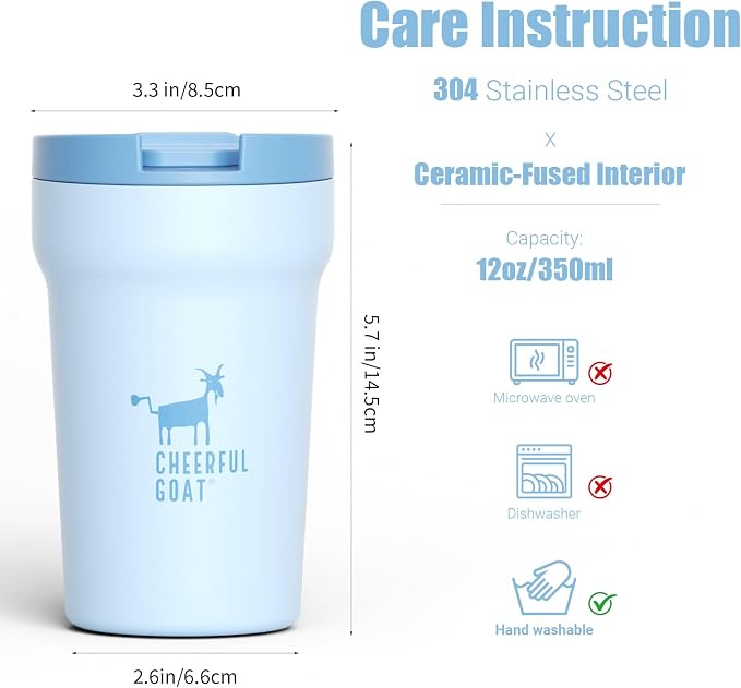 CHEERFUL GOAT Ceramic Lined Coffee Mug – Stainless Steel Travel insulated Tumbler with Ceramic Liner, with lid, 12oz Leak proof Cup for Hot and Cold Water Coffee at Home, Office, or On the Go (Blue)