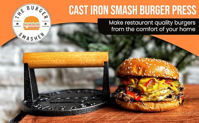 The Burger Smasher™ Pre-Seasoned Heavy Duty Cast Iron Smash Burger Press Kit - Heat Resistant Burger Smasher for Griddle, Food, Chef, Meat & Cooking Press, Hamburger Smasher - 30 Patty Paper