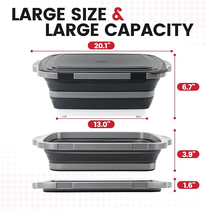 BBQ Prep Tub 3-IN-1 Large 16L Collapsible Cutting Board with Locking Lid for Meal Prep Marinating Food, Camping Sink with Colander, Dish Basin, Storage Blanket for Camping Picnic BBQ, Black