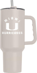 Logo Brands NCAA Miami Hurricanes Sand 40 oz Tumbler with Handle - Stylish Everyday Use Powder Coated-Stainless Steel with Straw- Keeps Cold For Hours