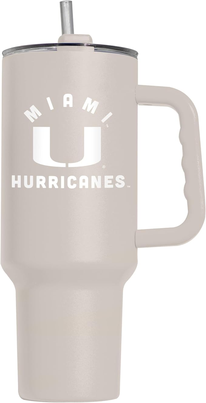 Logo Brands NCAA Miami Hurricanes Sand 40 oz Tumbler with Handle - Stylish Everyday Use Powder Coated-Stainless Steel with Straw- Keeps Cold For Hours