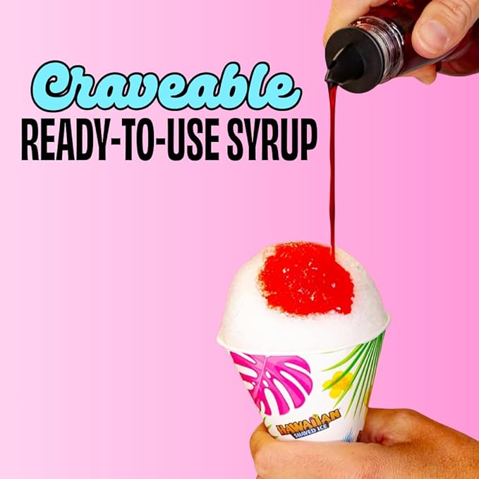 Hawaiian Shaved Ice Pink Bubble Gum Syrup - Nut Soy Dairy Free - Flavor Fluffy & Crunchy Snow Cones - Shelf Stable - Makes 8 Servings - 16 ounces