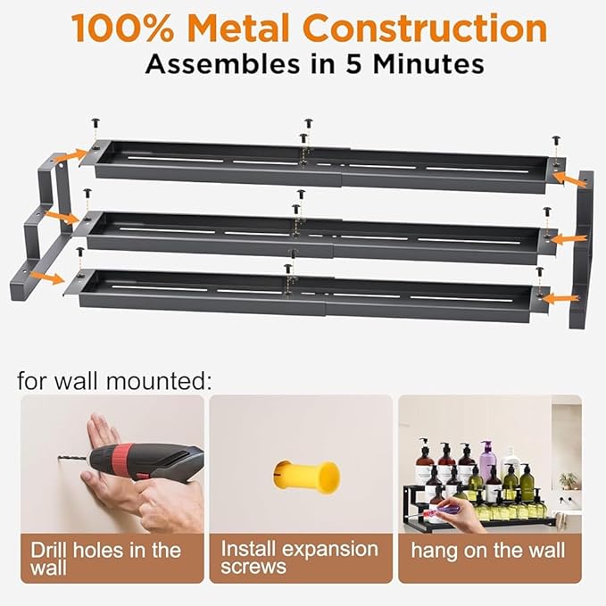 Expandable Kitchen Spice Rack, Three-tier Metal Spice Organizer, Suitable For Kitchen Countertops And Cabinet Wall-mounted Spice Storage Boxes.