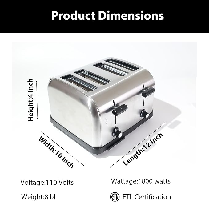 1800W Commercial Grade 4-Slice Pop Up Toaster -Stainless Steel 6-Browning Settings for Bread with Removable Crumb Tray for Bagel Bread English Muffins, Waffles (Commercial & Home Use)