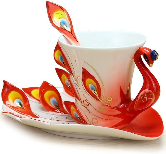 vanki 1 pc Collectable Fine Arts China Porcelain Tea Cup and Saucer Coffee Cup Peacock Theme Romantic Creative Present,Red