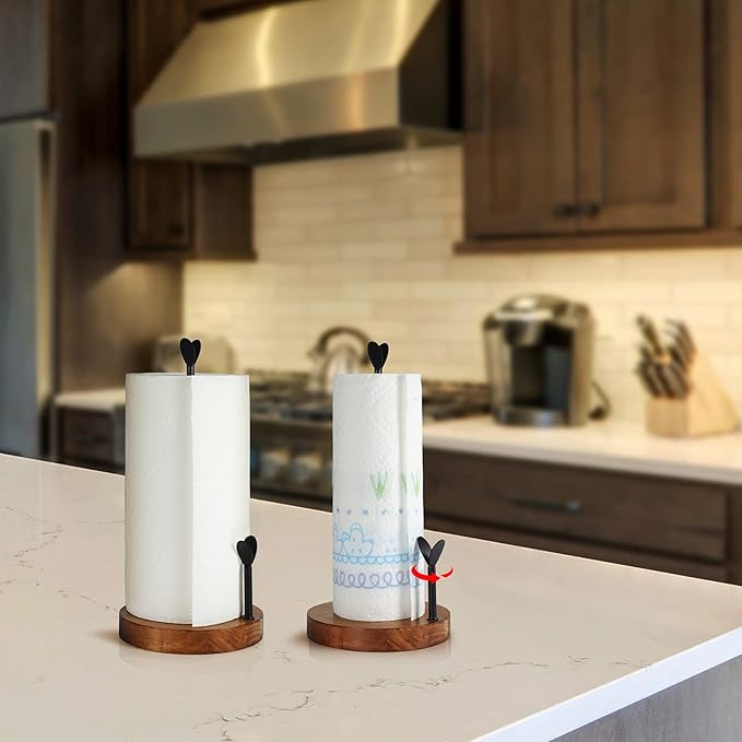 TJ.MOREE Farmhouse Paper Towel Holder Countertop, Easy One-Handed Tear Wood Paper Towel Stand for Kitchen Dining Table
