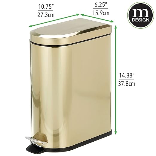 mDesign Small 2.6 Gallon/10 Liter Stainless Steel Metal Step Trash Can Garbage Bin for Bathroom, Bedroom, Office, D-Shape Trashcan with Foot Pedal/Lid, Removable Liner Bucket with Handles, Soft Brass