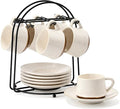 SIDUCAL Stackable Cappuccino Cup Set of 6 [4 oz] Ceramic Coffee Cups with Saucers and Cup Holder,Microwave/Dishwasher Safe,Espresso Demitasse Cups(White)