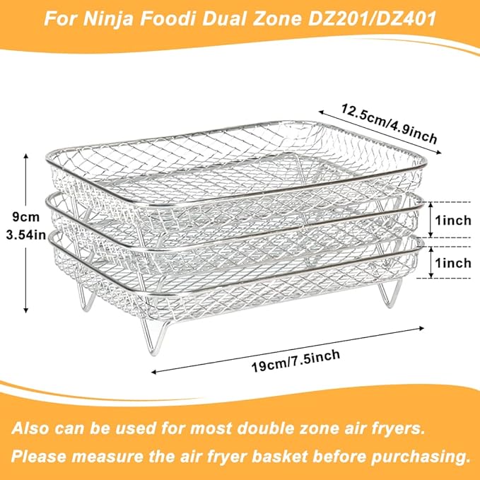 100PCS Dual Air Fryer Paper Liners & 3pcs Stackable Air Fryer Rack for Ninja Double Airfryer, Rectangle Air Fryer Parchment Paper for Ninja DZ201/DZ401/DZ550/SL401 & More, Ninja Airfryer Accessories