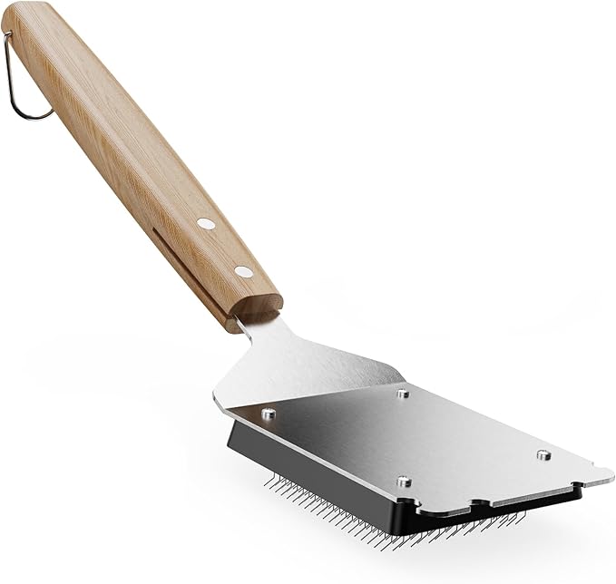 BBQ Grill Brush with U-Shaped Fixed Design, 45° Angled Steel Filaments for Deep Cleaning, Wooden Handle Grate Cleaner with Hanging Hook for Gas, Charcoal & Smoker (16 Inch)