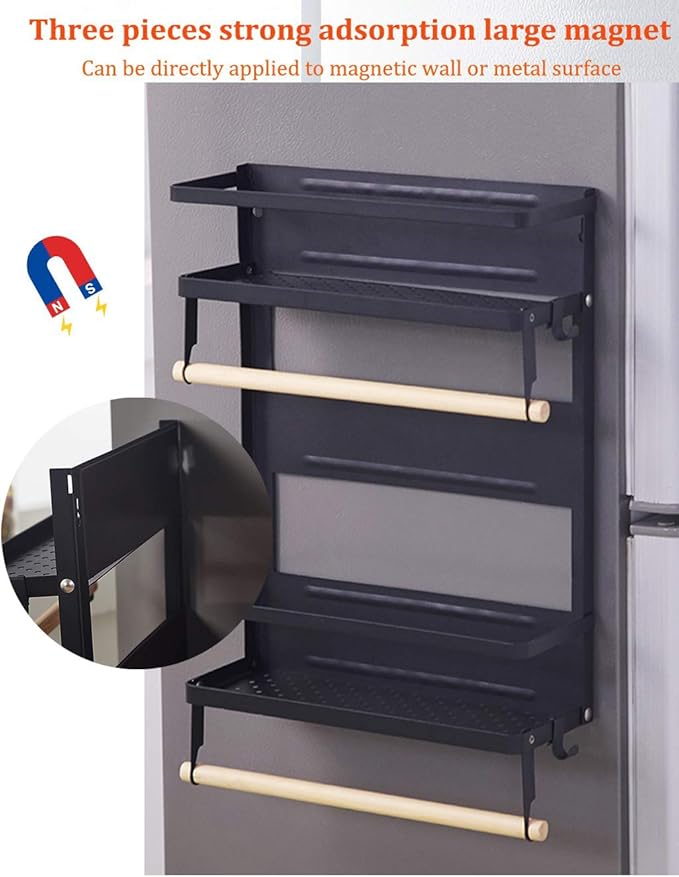 Foldable Refrigerator Organizer 4 Tier Magnetic Fridge Spice Rack Paper Towel Holder Multi-purpose Kitchen Storage Shelf Rustproof Spice Jars Holder, Black