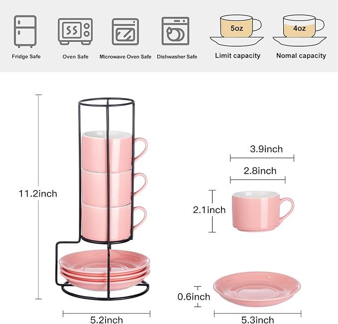Espresso Cups Set of 4, 4oz Stackable Coffee Cups with Saucers and Metal Stand, Pink Demitasse Cups, Expresso Shots Cup Set