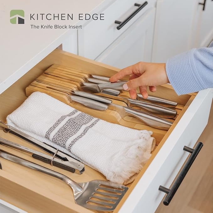 KitchenEdge Bamboo Kitchen Knife Block Holder Organizer - Holds 5 Long + 6 Short Knives (Not Included), Fits Most Knife Sizes, Rubber Feet, Sustainable Bamboo, In-Drawer Design (Pack of 2)
