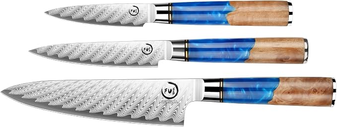 Chef Knife Set, Kitchen Knife Set of 3, Damascus VG10 Steel, Blue Handle Series
