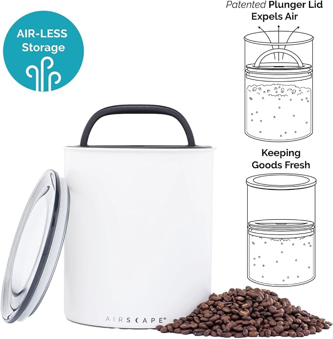 AirScape Planetary Design Kilo Coffee Storage Canister - US Patented Inner Plunger Lid Removes Excess Oxygen - DON'T buy airtight, BUY AIR-LESS - Holds 2.2 lbs Coffee Beans - (Matte White)