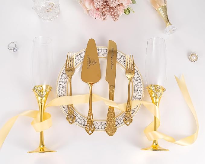 Wedding Cake Knife and Server Set, Mr and Mrs Champagne Flutes with Gold Cake Cutting Set for Wedding Bridal Shower Gifts