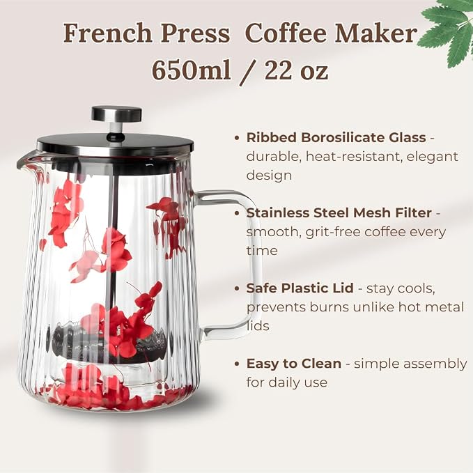 French Press Coffee Maker 22oz – Red Floral Glass Design – Double-Wall Borosilicate Ribbed Coffee Press with Stainless Steel Filter – Manual Brewer & Tea Press