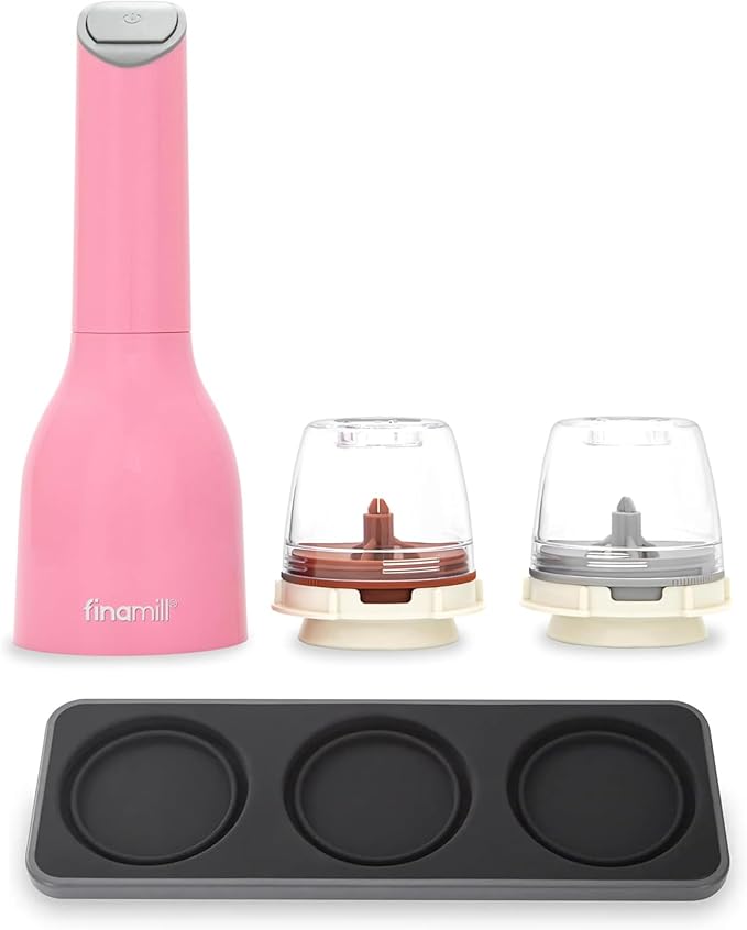 FinaMill Classic Battery-Operated Spice Mill Bundle with Slate Trio Stackable Tray – One-Handed Grinder with Interchangeable Pods, Space-Saving Spice Organizer, Valentine’s Day Gift for Food Lovers