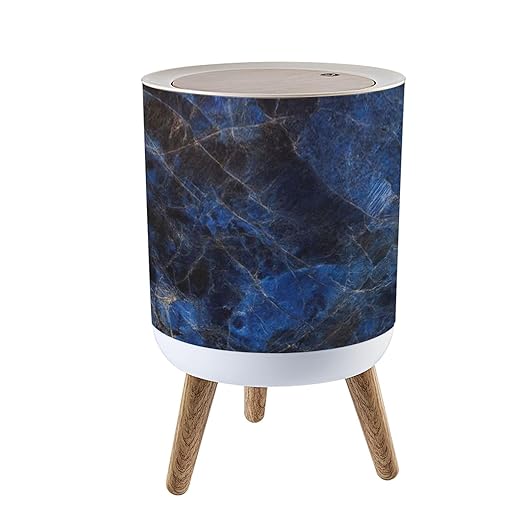 Trash Can with Lid Natural Marble Surface Rock Stone Emperador Blue marbel Press Top Round Small Garbage Bin with Wooden Legs Waste Basket for Kitchen Bedroom Nursery 7L/1.8 Gallon