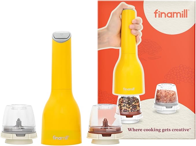 FinaMill Classic Battery Spice Mill – Battery Operated Salt and Pepper Grinder Set, Includes 2 Interchangeable Spice Pods, Adjustable Coarseness, Ceramic Grinder, LED Light, Home and Kitchen Gift Set