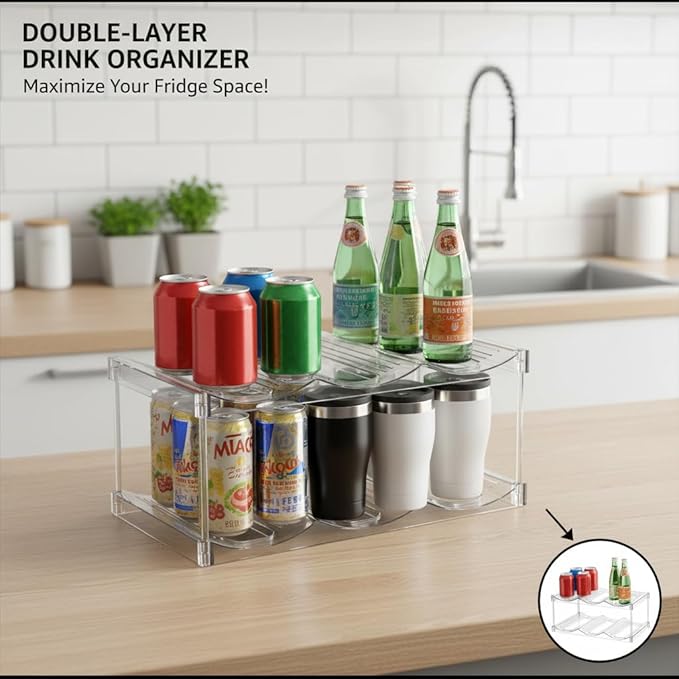 Stackable Water Bottle Storage Organizer, Clear Freestanding Wine Bottle Holder for Cabinet, Tumbler Cup Organizer - Plastic Large Compartment Wine Rack for Fridge Cellar, 2-Tier Hold 6 (Two Floors)