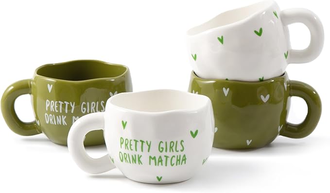 4pcs Ceramic Coffee Cups, 9.4OZ Cute Matcha Cup Set, Green & White, Dishwasher Safe Green Tea Mugs, Pretty Girls Collection
