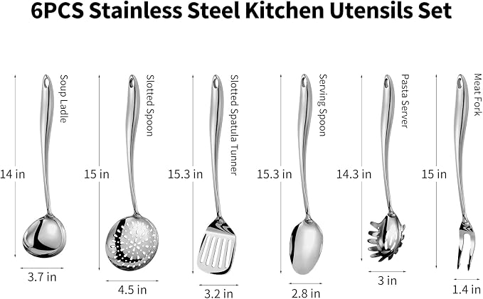 304 Stainless Steel Kitchen Utensils Set, 6 Pcs Long Metal Cooking Utensil with Spatula, Solid Spoon, Ladle, Skimmer, Spaghetti Spoon, Meat Fork, Dishwasher Safe