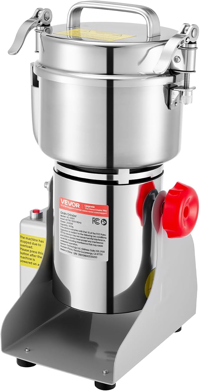 VEVOR 500g Electric Grain Mill Grinder, High Speed 2000W Commercial Spice Grinders, Stainless Steel Pulverizer Powder Machine, for Dry Grains Spices Cereals Coffee Corn Pepper, Swing Type