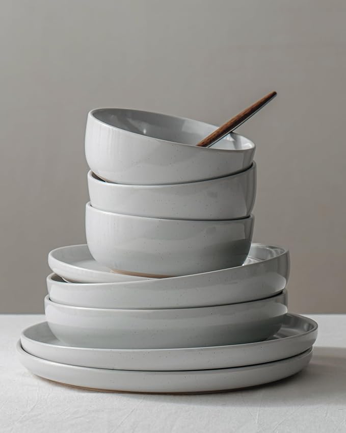 Famiware Milkyway Stoneware Dinnerware Sets with Mugs, Service for 6 (24 Pieces), Plates and Bowls Sets -Scratch Resistant, Microwave and Dishwasher Safe Dishes Set, Light Gray