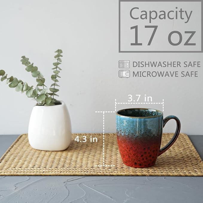 Bosmarlin Ceramic Coffee Mug Set of 4, 17 Oz, Coffee Cups with Big Handle, Microwave Safe, Unique Reactive Glaze (Blue&Red)