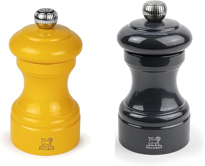 Peugeot Bistro Pepper and Salt Mill Set, 4in - Essential Kitchen Tools with Adjustable Grinding Precision, Beechwood Mills - Enhance Flavors in Everyday Cooking (Saffron/Slate)