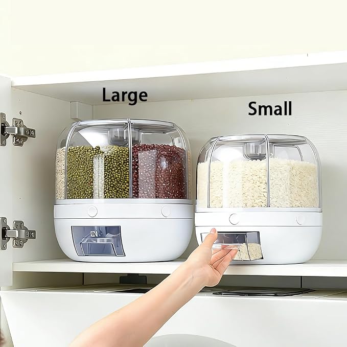 Rotating Grain Storage Bin 6 Grids Rice Container One-Click Output Large Capacity Food Dispenser For Rice Grains Sealed Moisture Proof Organizer (Grey) (Small)