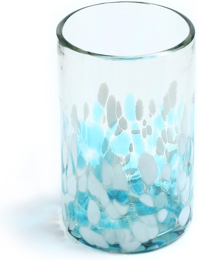 15 oz Hand Blown Mexican Drinking Glasses - Set of 6 tumblers, 15 fl oz each, Ocean Blue Confetti
