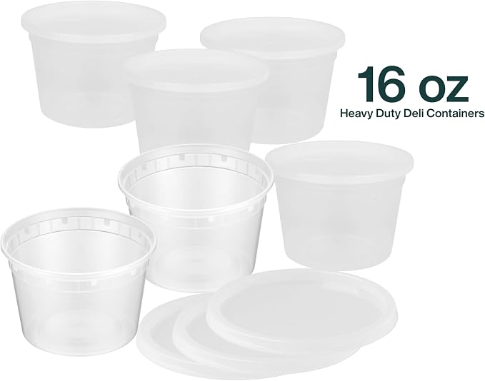 16oz [50 set] Heavy Duty Plastic Deli Container | BPA-Free Food Storage with Airtight Leak‑Proof Lids | Microwave, Freezer & Dishwasher Safe – Stackable, Bulk Reusable Soup & Meal Prep Tub
