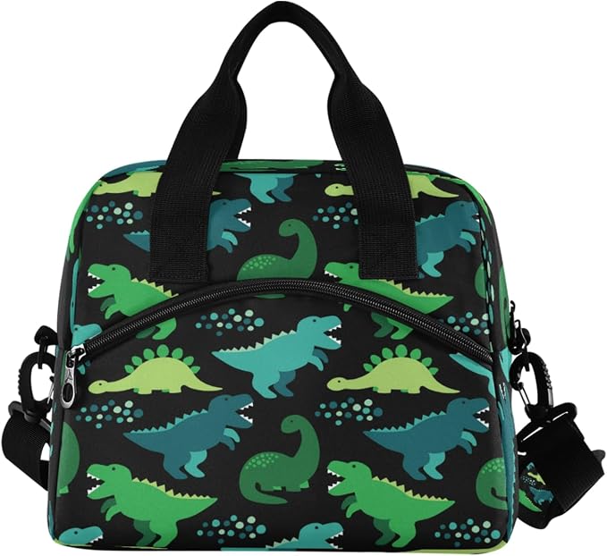 OREZI Green Diniosaur Lunch Bag for Boys Girls,Dinosaur Children Reusable Lunch Bags Lunch Box Container with Detachable Shoulder Strap,Insulated Lunch Coolers for School Work