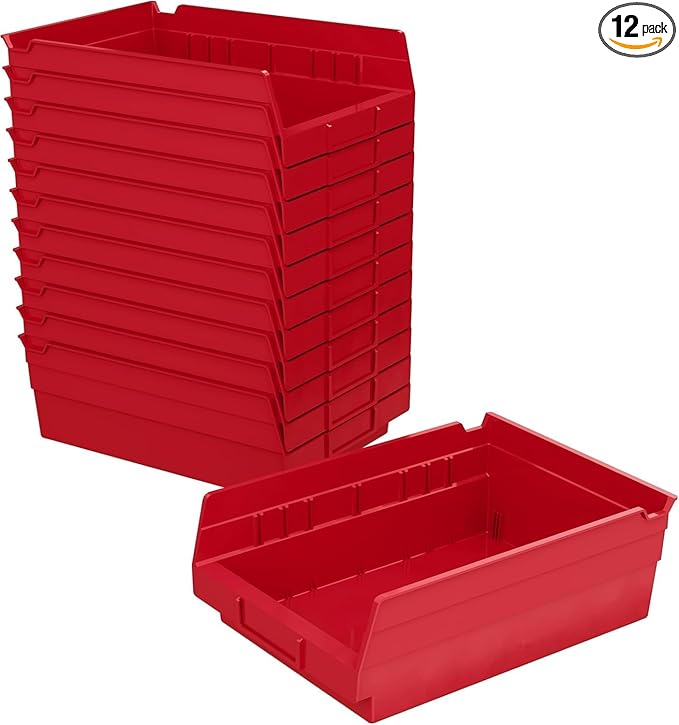 Akro-Mils 30150 Plastic Shelf Bins, Heavy Duty Storage Bins for Garage, Closet, and Drawer Organization, 12" x 8" x 4", Red, 12-Pack