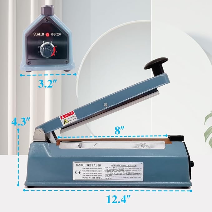 8 Inch 5mm Impulse Heat Sealer Machine for Plastic Mylar Bags, Metal Shell, with 6 Replacement Parts (including 2 Cutting Lines)