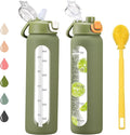 chunmo 32 oz Glass Water Bottles with 2 Lids-Handle Spout Lid & Straw Lid, 1 Liter Motivational Borosilicate Water Bottle with Time Marker and Silicone Sleeve,Leakproof-Army Green-1 Pack