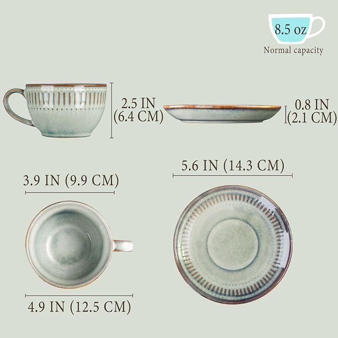 Cappuccino cup with tray, 8.5 oz. Set of 4 Ceramic Coffee Cups and Saucer Set for Latte, latte art cup, suitable for latte/cappuccino/milk/tea