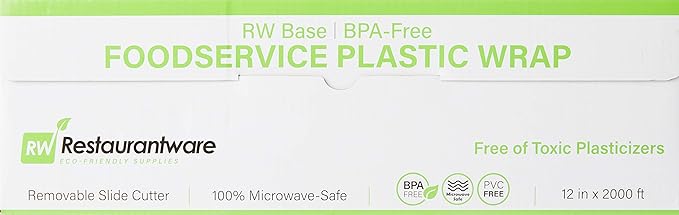 Restaurantware RW Base 12 Inch x 2000 Feet Cling Wrap 1 Roll Microwavable Cling Film - With Removable Slide-Cutter Clear Plastic Food Wrapping Film Securely Seal And Keep Food Fresh