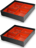 JapanBargain 4591, Red and Black Japanese Traditional Plastic Lacquered Lunch Bento Box 5 Compartments for Restaurant or Home Tray and Plate 2pc Set, Made in Japan, 9.5", Pack of 2